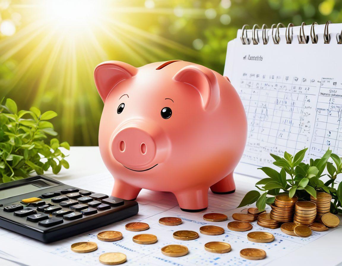A visually engaging illustration of a colorful piggy bank surrounded by various financial tools like a calculator, budget sheet, and gold coins. Include plants growing from the piggy bank symbolizing wealth growth, and a peaceful background featuring a sunrise to represent new beginnings. Vibrant colors. vector art. white background.