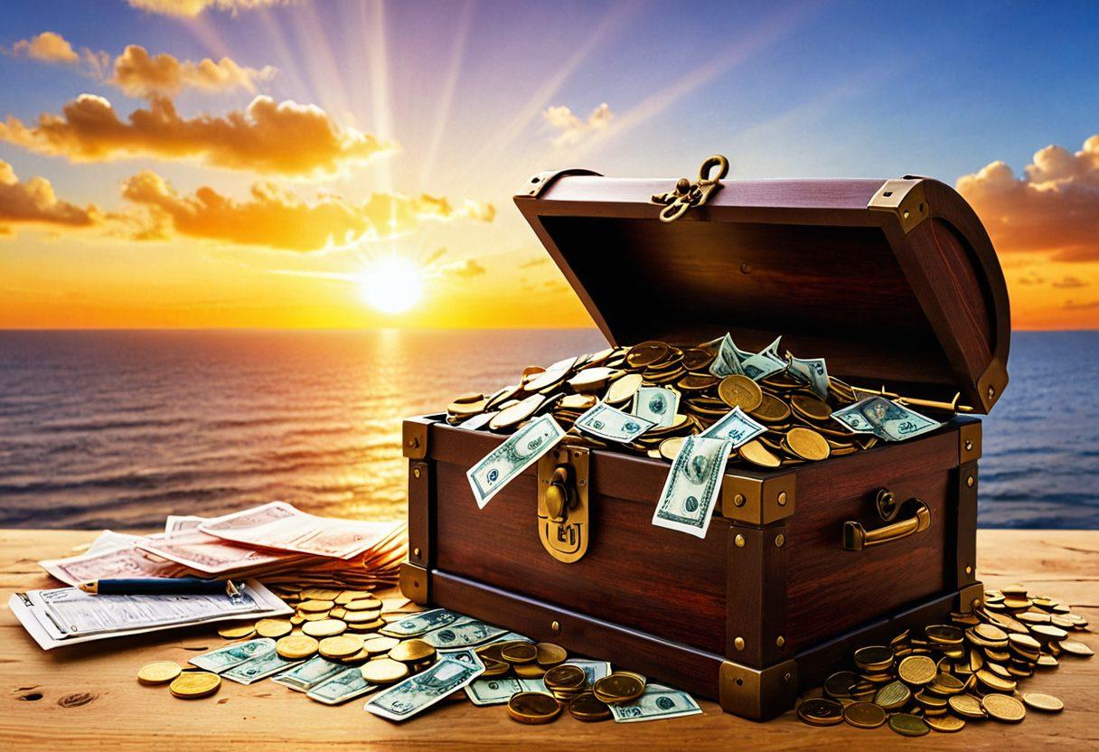 A golden key unlocking a treasure chest overflowing with coins, banknotes, and financial documents. In the background, a bright sunrise symbolizes new opportunities, with a diverse group of people sharing ideas around a table filled with financial charts and calculators. The overall mood should inspire optimism and success in financial planning. vibrant colors. 3D.