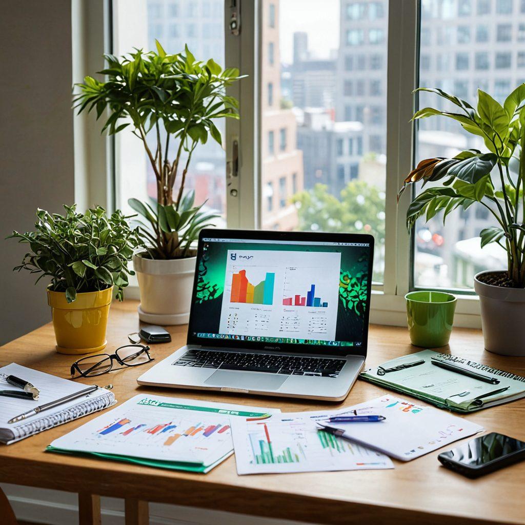 A bright and inviting workspace featuring a desk with a laptop displaying financial graphs and dollar signs. Nearby, a notepad showcases essential tips written in vibrant colors. Include a coffee cup, green plants, and stacks of coins for a touch of wealth. The background should have a large window letting in warm sunlight, symbolizing clarity and growth. super-realistic. vibrant colors. warm atmosphere.